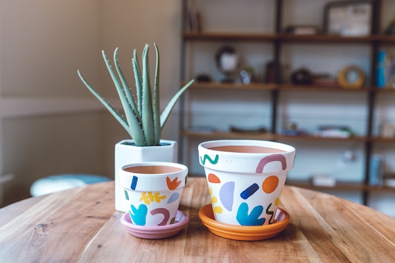Abstract Hand Painted Terracotta Pot W Saucer Etsy