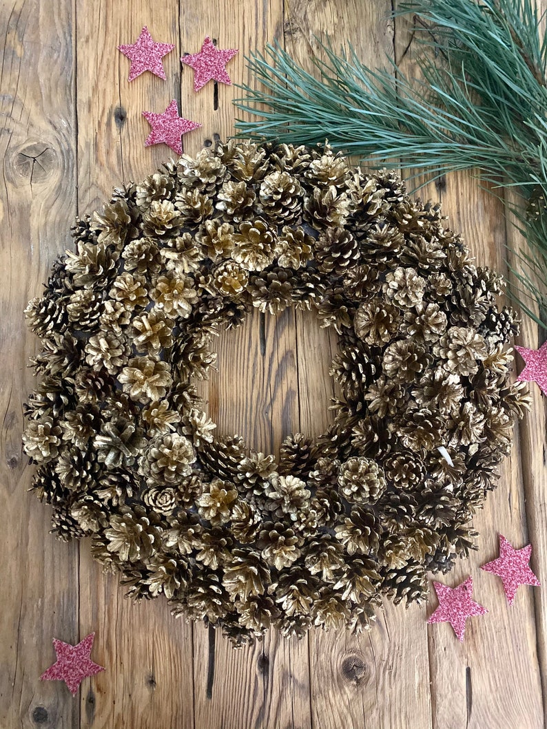 Gold Handmade Pine Cone Christmas Wreath image 1