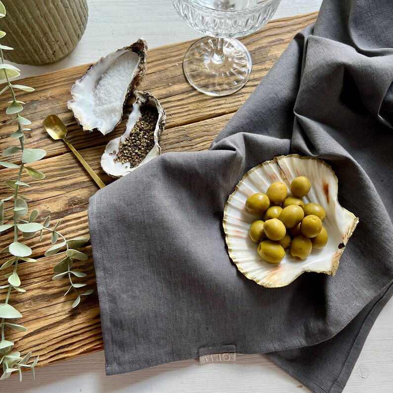 Handmade Linen Tea Towel or Set of Two, Kitchen Linens in Grey image 1