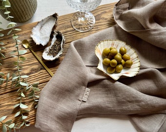 Linen Tea Towel or Set of Two, Kitchen Linens in Brown Beige