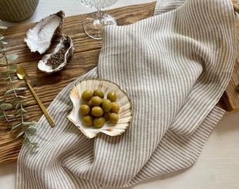 Striped Linen Tea Towel or Set of Two, Kitchen Linens in Sand Beige