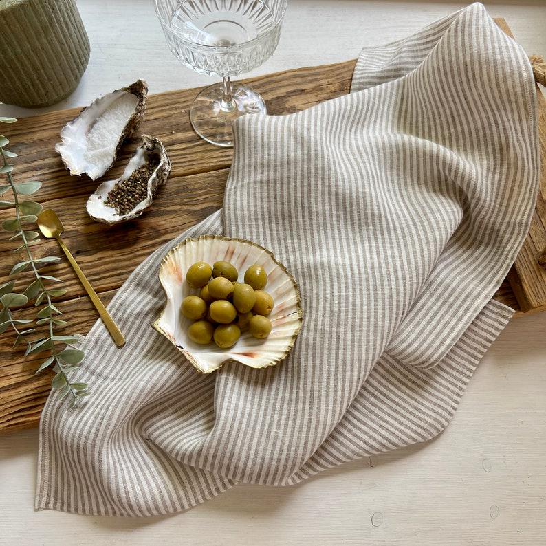 Torchon en lin rayé ou ensemble de deux, linge de cuisine en beige sable image 1