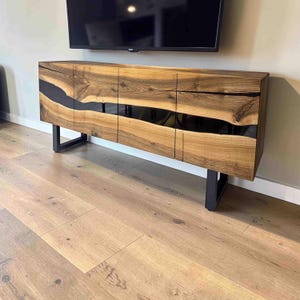 Handmade Custom Rustic Console, Epoxy Resin Tv Unit, Walnut Wood Sideboard,Black Epoxy Cabinet - Buffet Cabinet