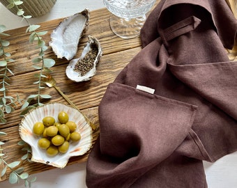 Handmade Linen Tea Towel or Set of Two, Kitchen Linens in Chocolate