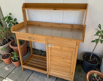 Outdoor Potting Table With Shelving Storage , Wooden Storage Cabinet with Adjustable Shelf, Handmade Patio Garden Furniture and Bench