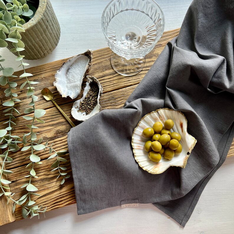 Handmade Linen Tea Towel or Set of Two, Kitchen Linens in Grey image 2