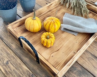 Handmade Burned Wooden Serving Tray With Steel Handles