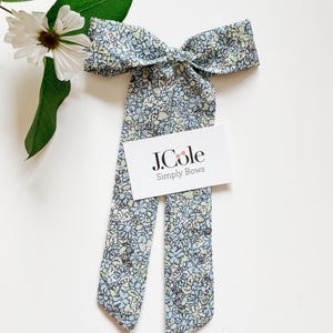 extra large hair bow, long tail clip in bow, long hair bow. Floral blue hair bow