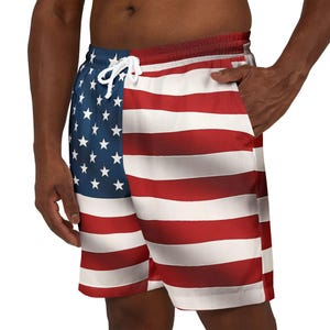Patriotic Men&#39;s Swim Shorts, USA Flag Beachwear, Summer Vacation Trunks, 4th of July Pool Shorts, Casual Swimwear for Men