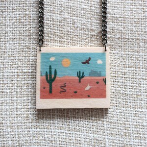 Desert necklace, landscape necklace, panorama necklace, Arizona desert necklace, illustrated necklace, illustrative, wood, curb chain