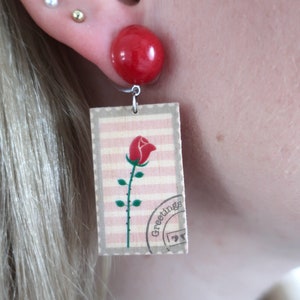 Stamp earrings, wood earrings, wooden earrings, rose earrings, flower earrings, floral earrings, illustrated earrings, wood, resin image 4