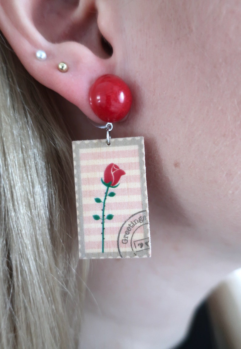 Stamp earrings, wood earrings, wooden earrings, rose earrings, flower earrings, floral earrings, illustrated earrings, wood, resin image 4