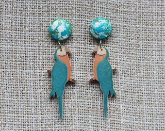 Blue Ara earrings, wood earrings, wooden earrings, parrot earrings, bird earrings, animal earrings, summer earrings, wood, resin