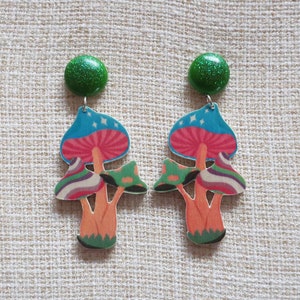 Magic mushroom wood earrings, mushroom earrings, psychedelic earrings, hippie earrings, boho earrings, big leightweight earrings