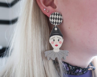 Pierrot wood earrings, sad clown earrings, clown earrings, clowncore earrings, black and white clown earrings, lightweight big earrings