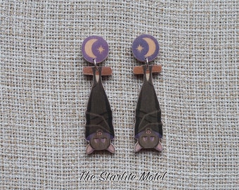 Sleeping bat earrings, cute bat earrings, Halloween earrings, goth earrings, bat earrings, Halloween party earrings, wood earrings