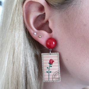 Stamp earrings, wood earrings, wooden earrings, rose earrings, flower earrings, floral earrings, illustrated earrings, wood, resin image 5