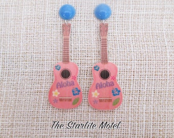 Hawaiian ukulele earrings, wood earrings, wooden earrings, ukulele earrings, musical instrument earrings, pin up, Rockabilly, wood, resin