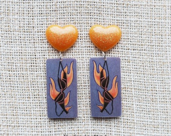 Burning bra earrings, wood earrings, wooden earrings, feminist earrings, feminism earrings, wood, resin