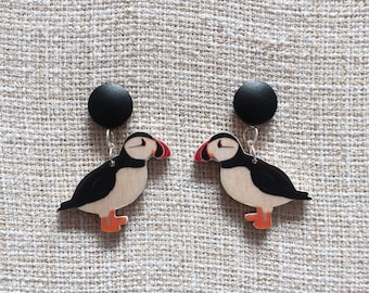 Puffin bird earrings puffin bird dangles animal earrings animal themed jewellery wood earrings