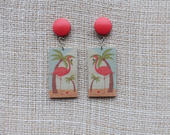 Flamingo earrings, wood earrings, wooden earrings, summer earrings, tropical earrings, bird earrings, pin up earrings, wood