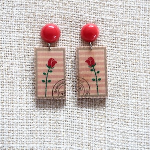 Stamp earrings, wood earrings, wooden earrings, rose earrings, flower earrings, floral earrings, illustrated earrings, wood, resin image 1