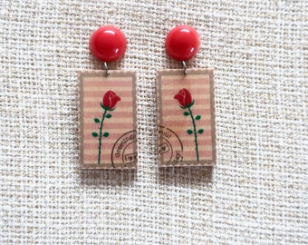 Stamp earrings, wood earrings, wooden earrings, rose earrings, flower earrings, floral earrings, illustrated earrings, wood, resin