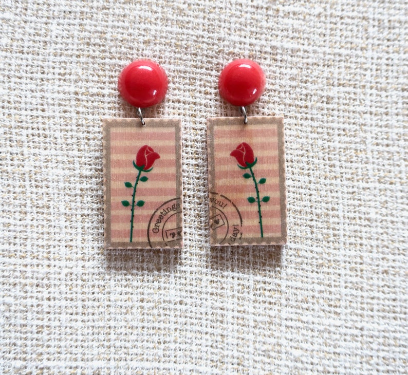 Stamp earrings, wood earrings, wooden earrings, rose earrings, flower earrings, floral earrings, illustrated earrings, wood, resin image 1