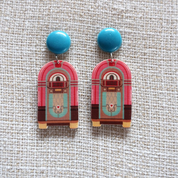 Jukebox earrings, wood earrings, wooden earrings, classic jukebox earrings, fifties, retro earrings, Rockabilly,  Rock'n'Roll wood, resin