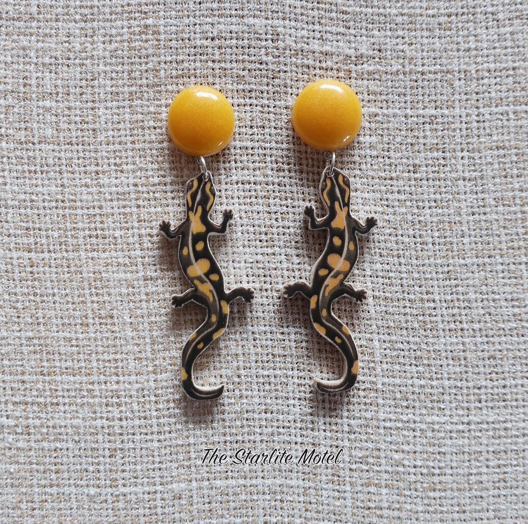 Fire salamander earrings, wood earrings, wooden earrings, salamander earrings, lizard earrings