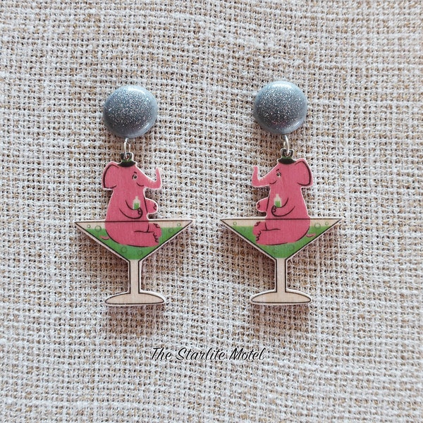 Pink drunk elephant earrings, wood earrings, wooden earrings, elephant earrings, pink elephants, drunk elephants, wood, resin