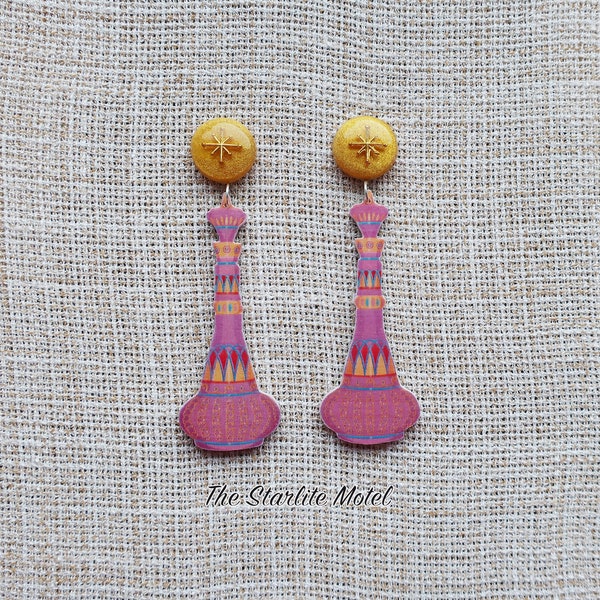 Genie bottle earrings, wood earrings, wooden earrings, genie in a bottle earrings, pop culture earrings, wood, resin