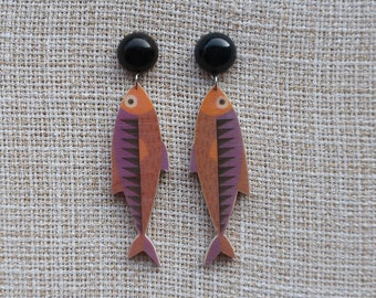 Midcentury fish earrings, wood earrings, wooden earrings, fish earrings, vintage inspired, retro earrings, pin up earrings, wood, resin