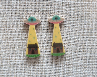 UFO earrings, wood earrings, wooden earrings, UFO over house earrings, UFO jewelry, wood