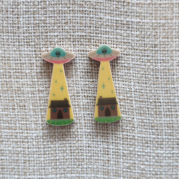 UFO earrings, wood earrings, wooden earrings, UFO over house earrings, UFO jewelry, wood