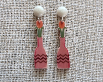 Flower vase wood earrings, tulip earrings, flower earrings, floral earrings, spring earrings, summer earrings, tulip jewellery