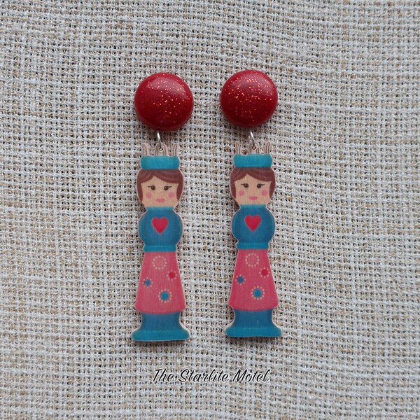 Knitting Nancy earrings, wood earrings, wooden earrings, Knitting Jenny earrings, craft earrings, french knitting dolls, wood, resin