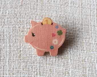 Piggy bank brooch, wood brooch, wooden brooch, cute piggy bank brooch, illustrative brooch, wood