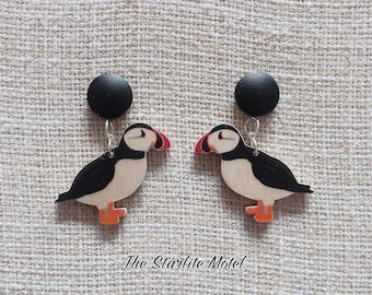 Puffin bird earrings puffin bird dangles animal earrings animal themed jewellery wood earrings