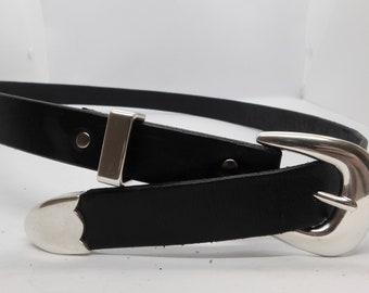 1 inch black with 3 piece silver buckle/keeper/tip set