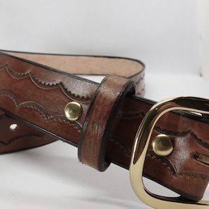 Brown Leather Belt 1 1/4 inch wide, 10/12 oz thickness, border tool, brown with solid brass buckle