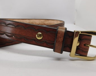 Brown Leather Belt 1 1/4 inch wide, 10/12 oz thickness, brown border tool/line with solid brass buckle