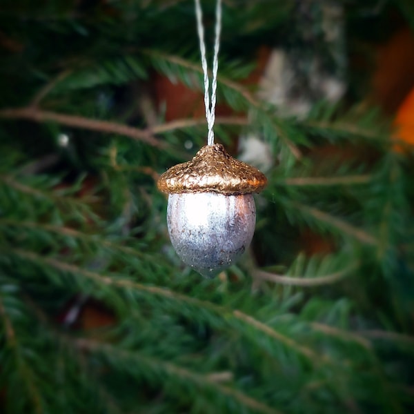 Gold and Silver Leafed Acorn Ornament, Metallic Solstice Decor, Christmas Tree Decoration, for a Gilded Holiday