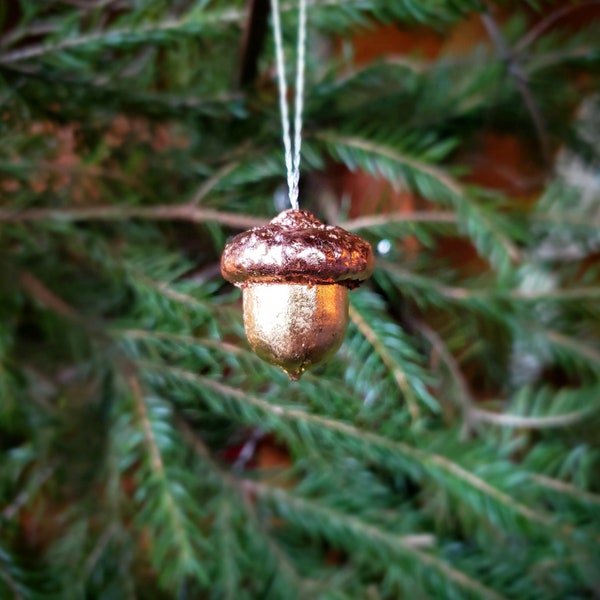 Copper and Gold Hand Leafed Acorn Ornament, Metallic Solstice Decor, Christmas Tree Decoration, for a Gilded Holiday