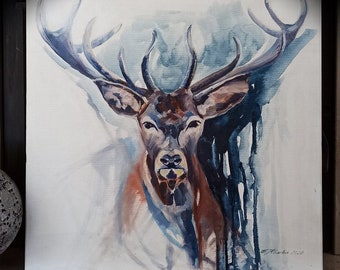 SOLD ||| Hand painted Canvas Art RED DEER | Cervus elaphus roe painting painter animal gift stag antler Hunter Hunting Huntress Gamekeeper