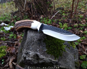 SOLD ||| Hunting Antler Knife #3 / Outdoor Bushcraft Survival Fishing Deer Stag Horn Crown Handmade Custom Knives Blade Bullet Grip Handle