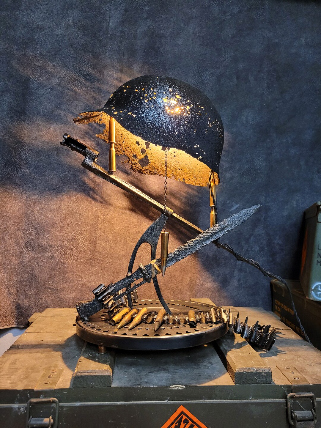 SOLD Battle War Helmet Relic Lamp Military Army Lighting Deco