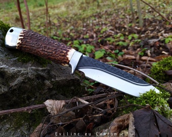 SOLD ||| Hunting Antler Knife #1 / Outdoor Bushcraft Survival Fishing Deer Stag Horn Crown Handmade Custom Knives Blade Bullet Grip Handle