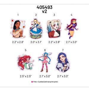 May include: Set of seven 2.5 inch stickers featuring various cartoon characters. The characters include a mermaid, a princess, a queen, a fairy, a superhero, and two anime characters. The stickers are printed on clear vinyl and have a pink cutline.