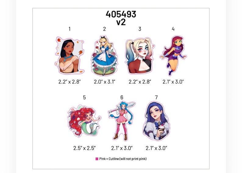 May include: Set of seven 2.5 inch stickers featuring various cartoon characters. The characters include a mermaid, a princess, a queen, a fairy, a superhero, and two anime characters. The stickers are printed on clear vinyl and have a pink cutline.